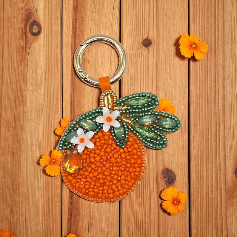 Porte-clés orange en perles de verre pour sac, breloques, 9 cm x 7 cm