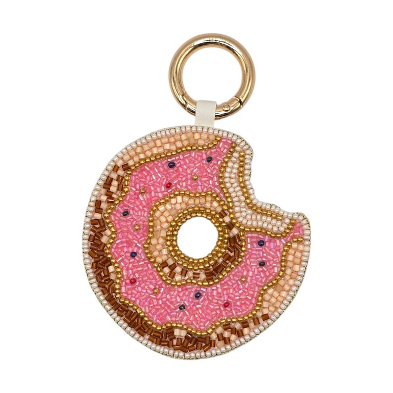 Porte-clés perles en forme de donut rose avec paillettes et mousqueton doré