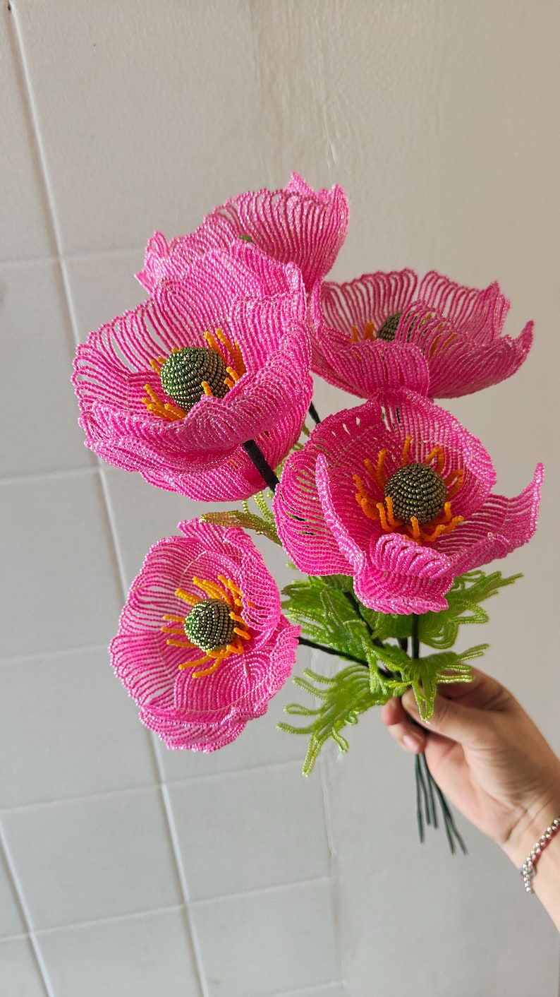 Bouquet de coquelicots perlés, 43 cm, 6 coquelicots, décoration florale