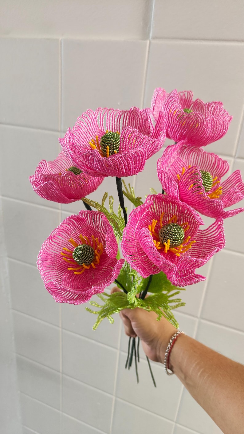 Bouquet de coquelicots perlés, 43 cm, 6 coquelicots, décoration florale