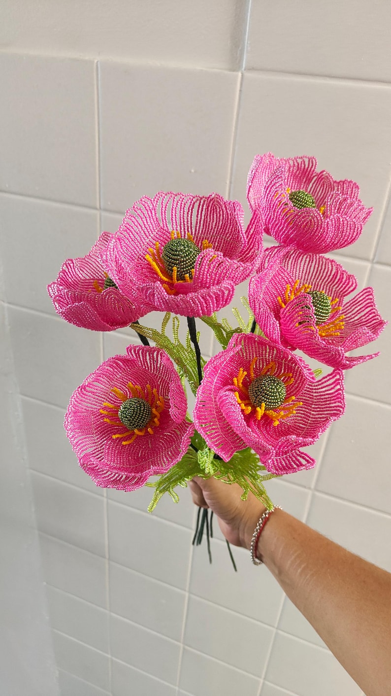 Bouquet de coquelicots perlés, 43 cm, 6 coquelicots, décoration florale