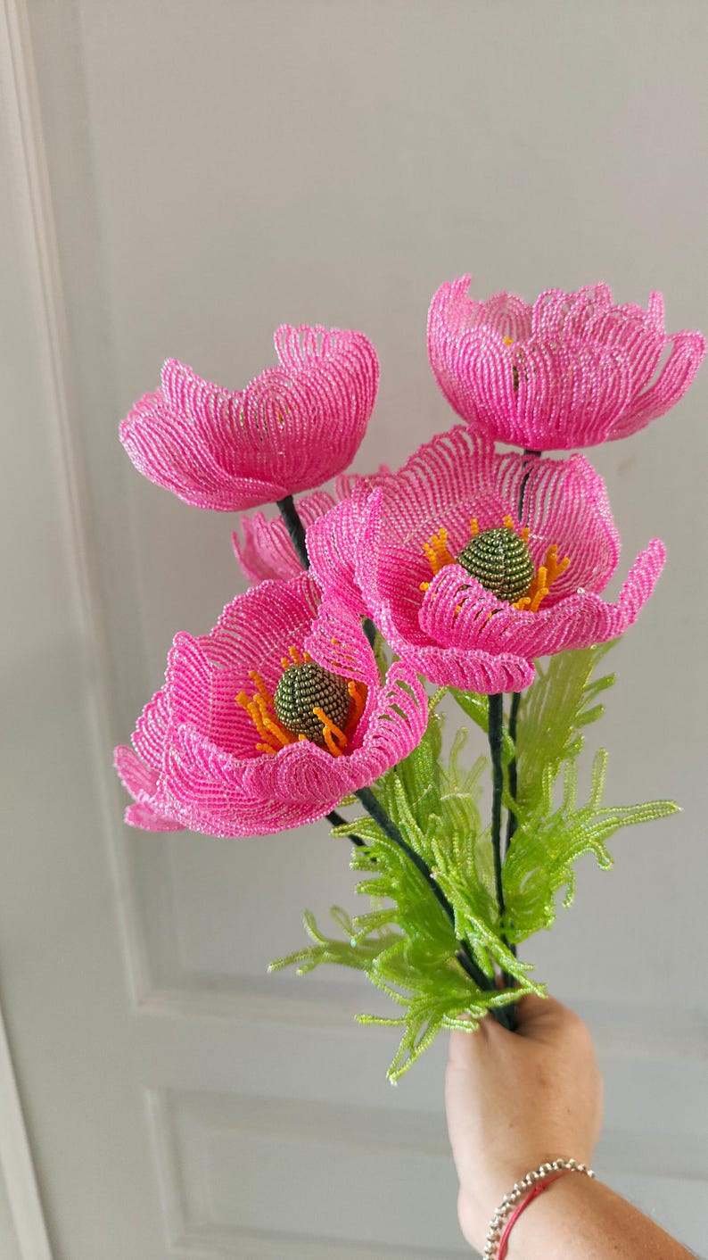 Bouquet de coquelicots perlés, 43 cm, 6 coquelicots, décoration florale