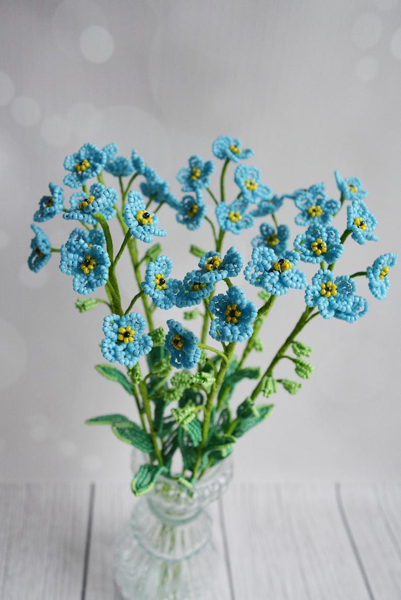 Bouquet de myosotis en perles, lot de 7 fleurs sur tige, fleurs bleues, style provençal, hauteur 35 cm