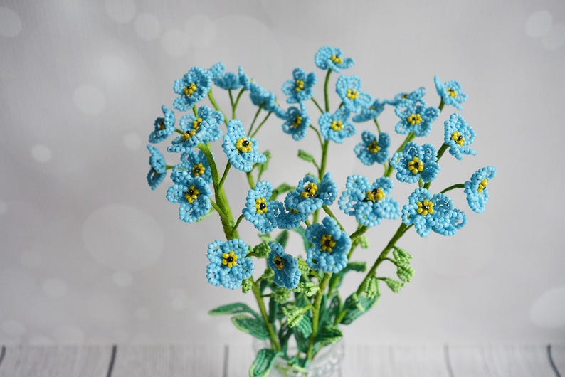 Bouquet de myosotis en perles, lot de 7 fleurs sur tige, fleurs bleues, style provençal, hauteur 35 cm
