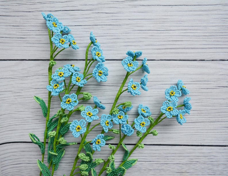 Bouquet de myosotis en perles, lot de 7 fleurs sur tige, fleurs bleues, style provençal, hauteur 35 cm