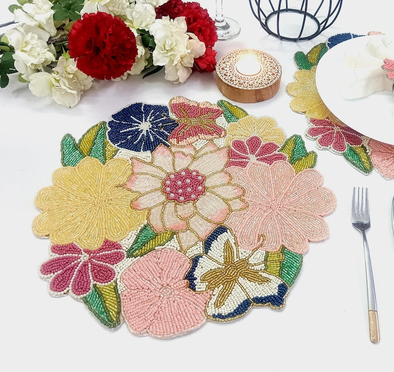 Set de table rond en perles de verre roses, fuchsia, jaunes et bleues, 14 pouces, fait main, protège votre table