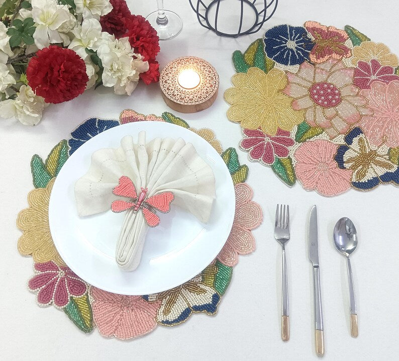 Set de table rond en perles de verre roses, fuchsia, jaunes et bleues, 14 pouces, fait main, protège votre table
