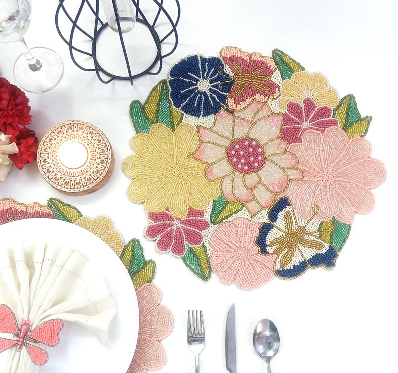 Set de table rond en perles de verre roses, fuchsia, jaunes et bleues, 14 pouces, fait main, protège votre table