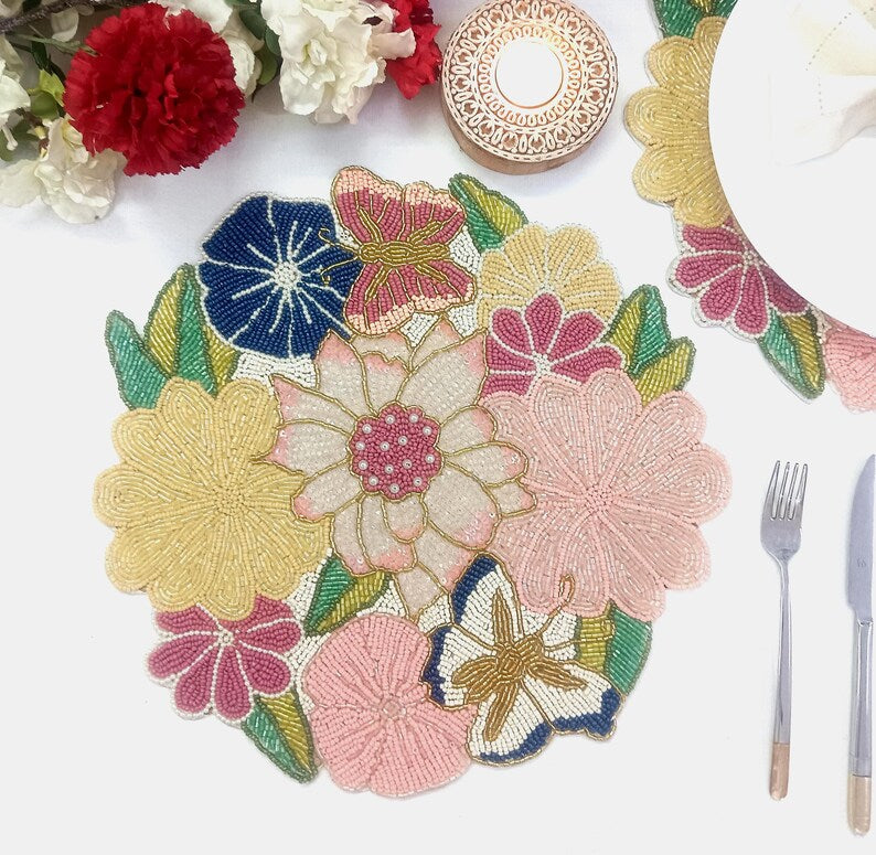 Set de table rond en perles de verre roses, fuchsia, jaunes et bleues, 14 pouces, fait main, protège votre table