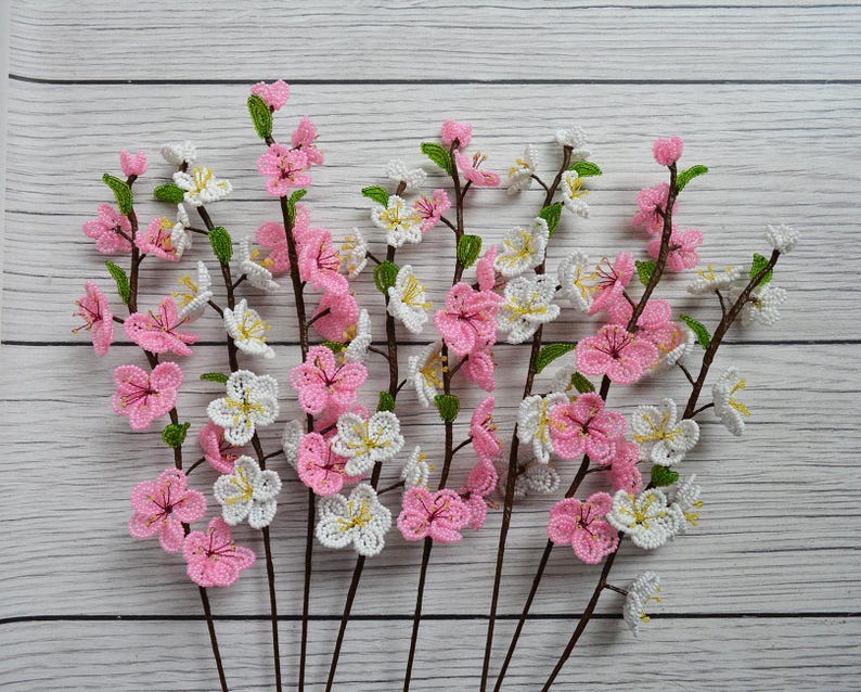 Branche de fleurs de cerisier perlées rose, 40 cm, fleurs artificielles