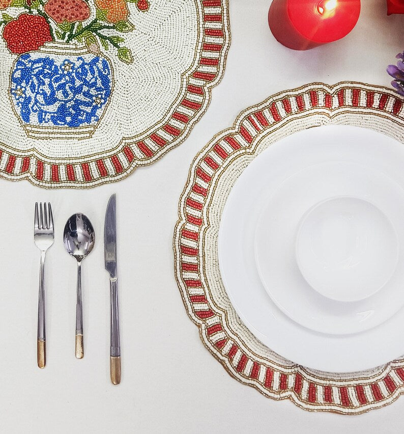 Set de table en perles de verre fait main, 14 pouces, rouge et blanc