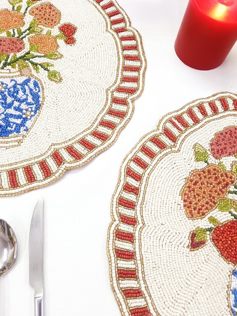 Set de table en perles de verre fait main, 14 pouces, rouge et blanc