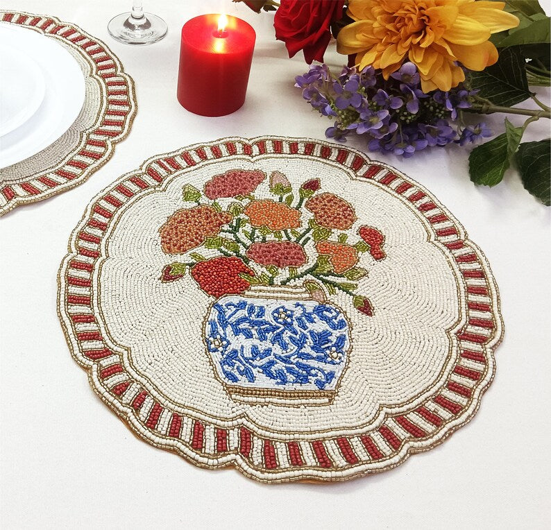 Set de table en perles de verre fait main, 14 pouces, rouge et blanc