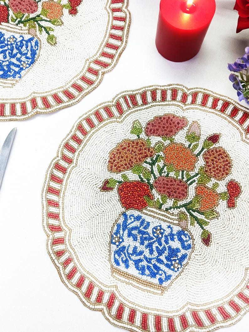 Set de table en perles de verre fait main, 14 pouces, rouge et blanc