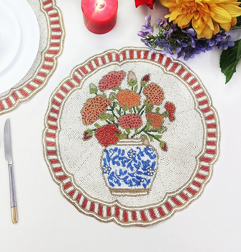 Set de table en perles de verre fait main, 14 pouces, rouge et blanc