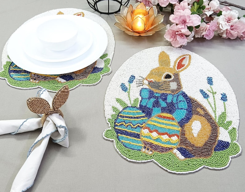 Set de table en perles de verre lapin Pâques 15x12 pouces multicolore