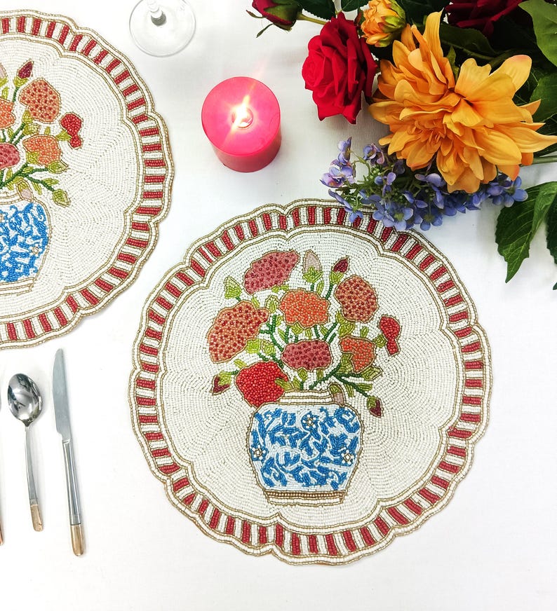 Set de table en perles de verre fait main, 14 pouces, rouge et blanc