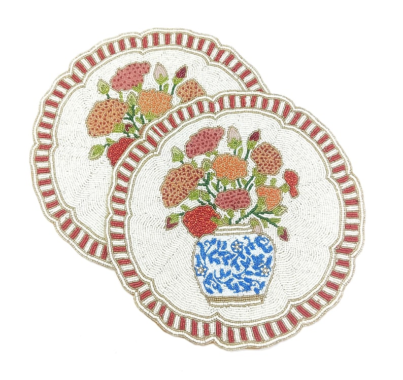 Set de table en perles de verre fait main, 14 pouces, rouge et blanc