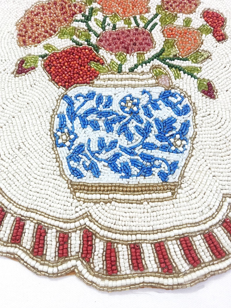 Set de table en perles de verre fait main, 14 pouces, rouge et blanc