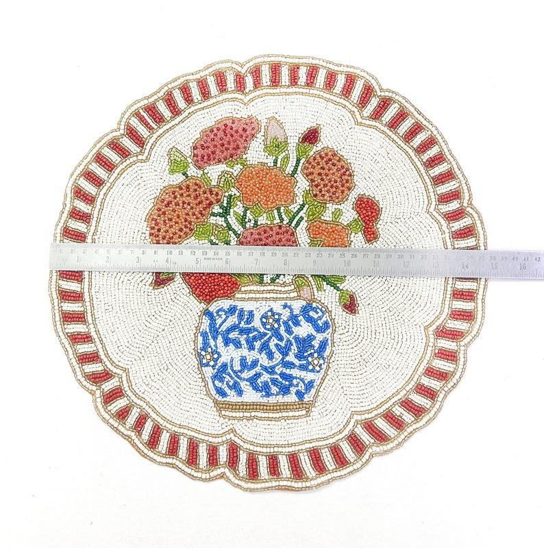 Set de table en perles de verre fait main, 14 pouces, rouge et blanc