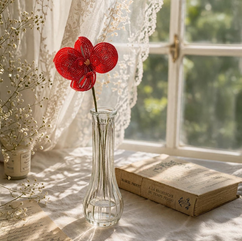 Tige d'orchidée en perles de rocaille, artisanale, 30-35 cm, rose/rouge/blanc, décoration florale éternelle