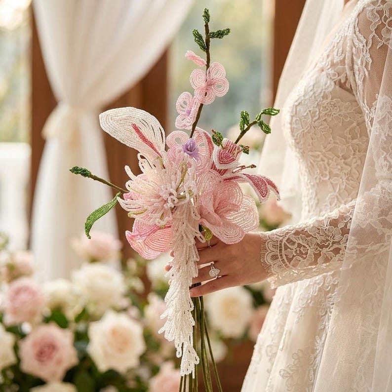 Bouquet de mariée en perles de rocaille lys rose