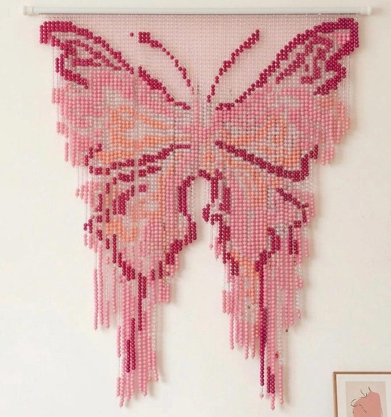 Rideau de perles papillon rose, tenture murale pastel