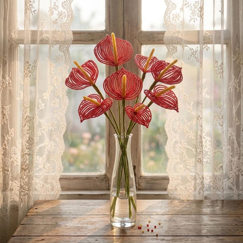 Anthurium Artificiel en Perles de Rocaille Fait Main Rose Rouge Tige Tropicale Décoration Florale pour la Maison