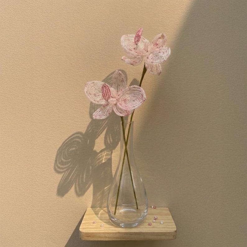 Tige d'orchidée en perles de rocaille, artisanale, 30-35 cm, rose/rouge/blanc, décoration florale éternelle
