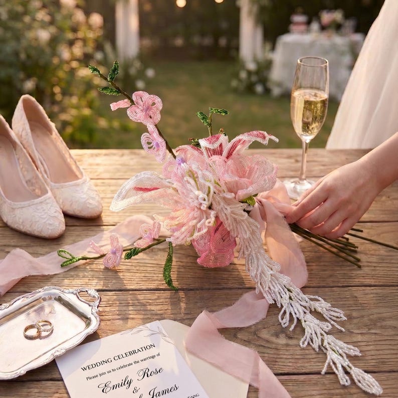 Bouquet de mariée en perles de rocaille lys rose