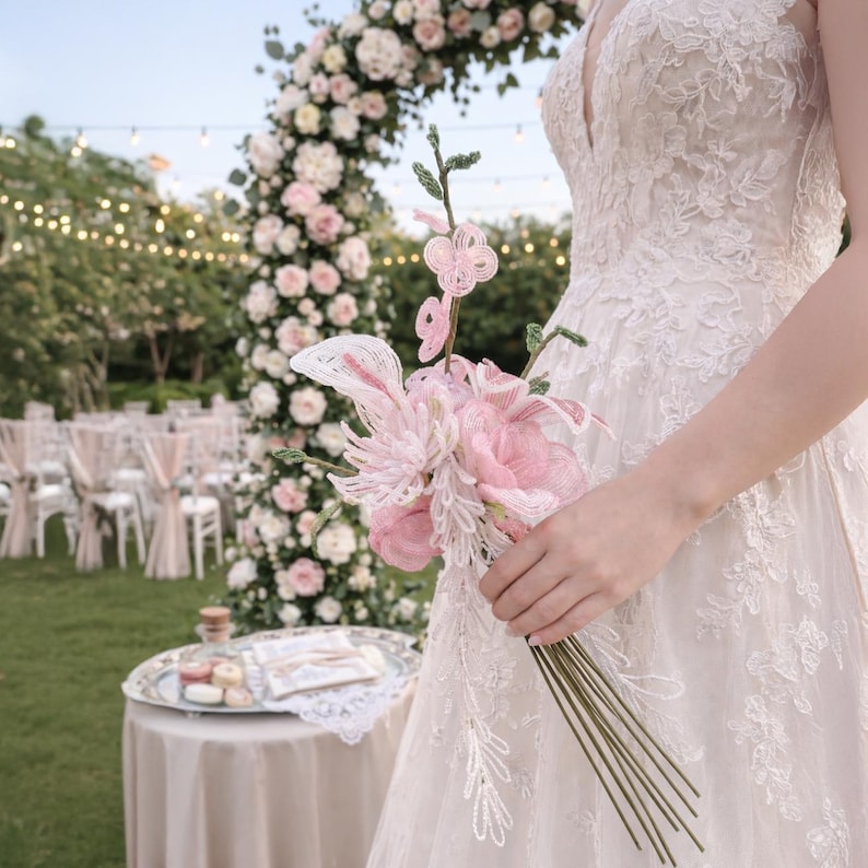 Bouquet de mariée en perles de rocaille lys rose