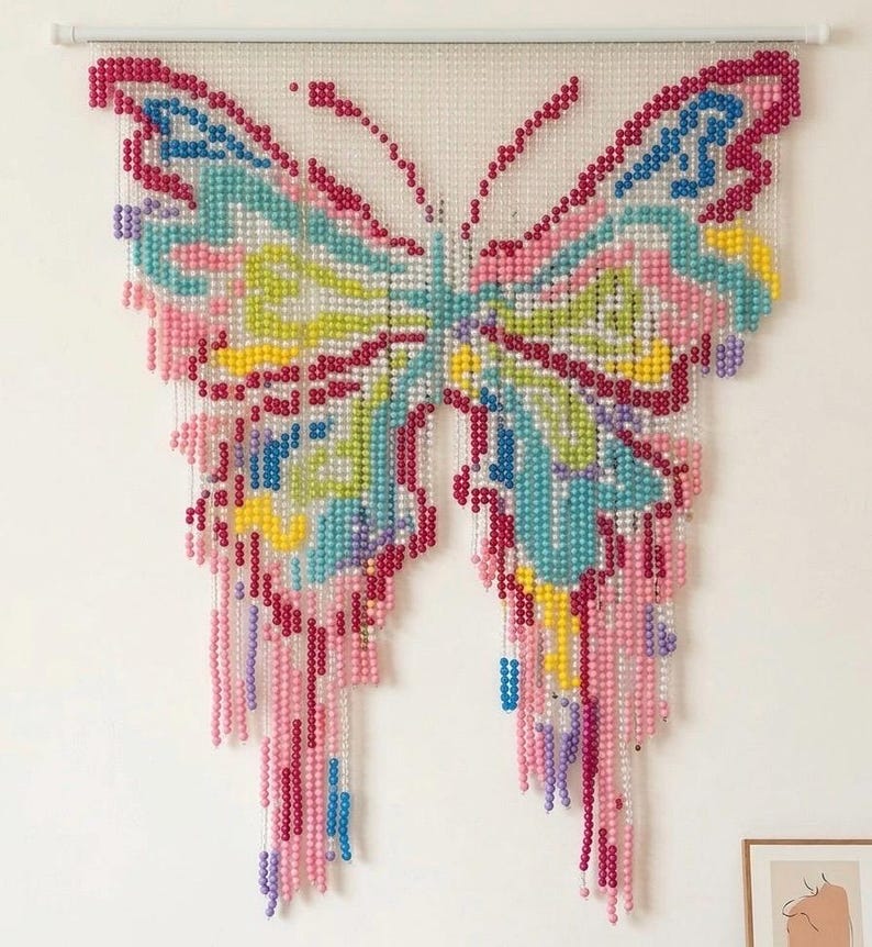 Rideau de perles papillon rose, tenture murale pastel