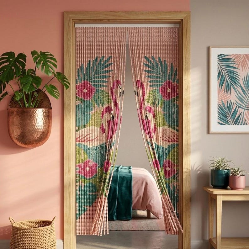 Rideau de perles acrylique flamant rose 90 cm - Séparateur de pièce porte