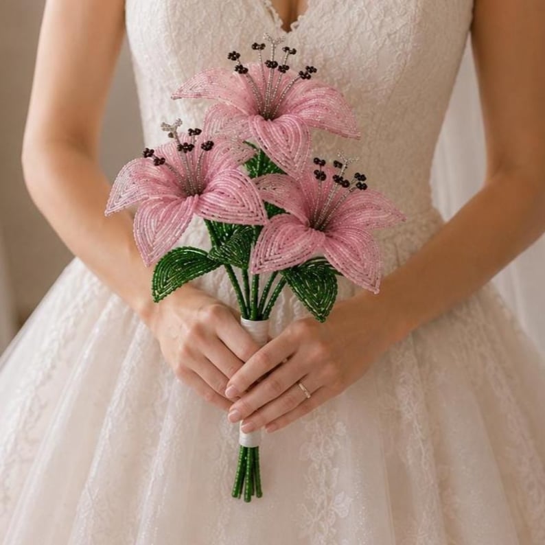 Tige de lys perlée à la main, bouquet scintillant, souvenir de mariage, cadeau pour la mariée