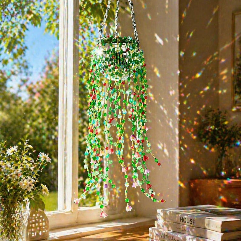 Plante suspendue en perles de verre vertes | Attrape-soleil fleur et feuille | Décoration intérieure