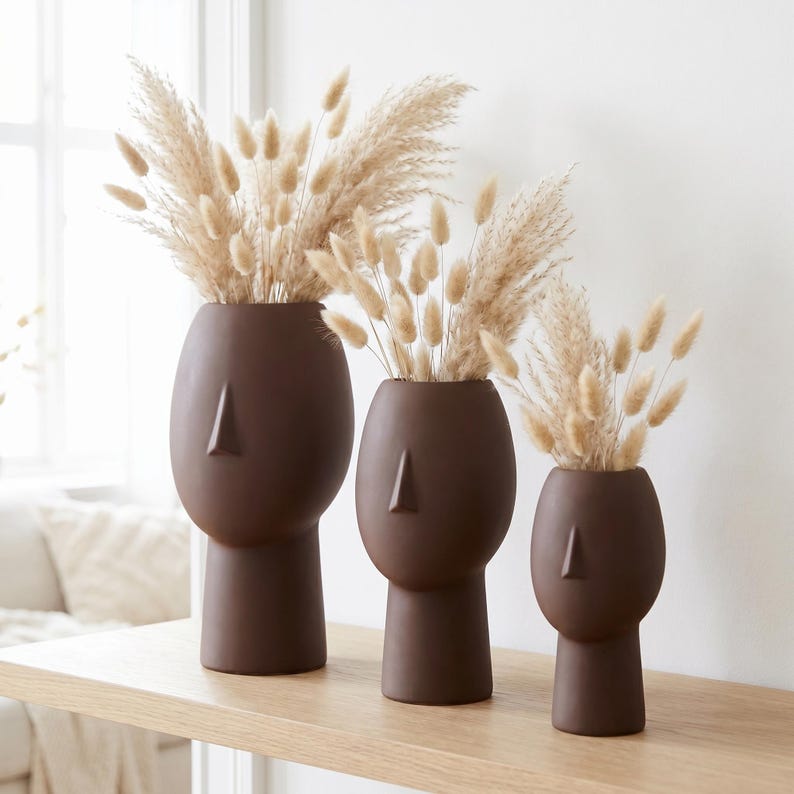 Vase visage décoratif 5 tailles | Vase sculptural imprimé 3D pour fleurs séchées