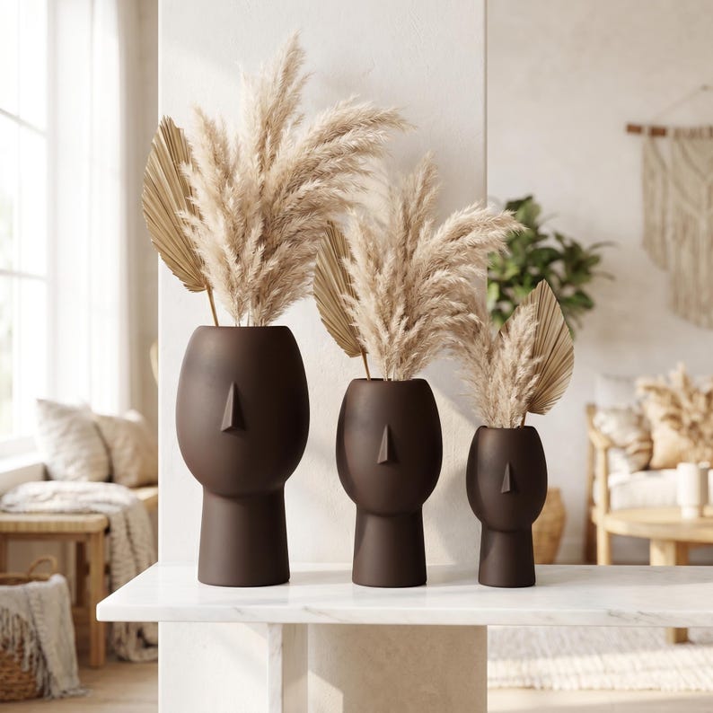 Vase visage décoratif 5 tailles | Vase sculptural imprimé 3D pour fleurs séchées