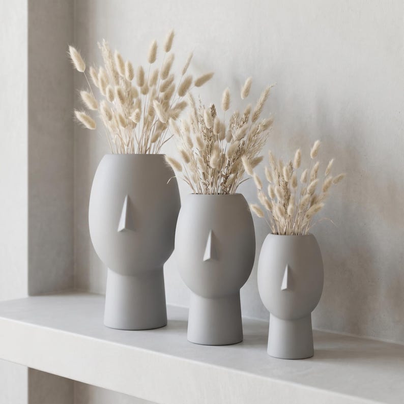 Vase visage décoratif 5 tailles | Vase sculptural imprimé 3D pour fleurs séchées