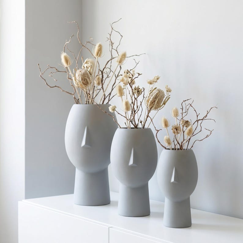 Vase visage décoratif 5 tailles | Vase sculptural imprimé 3D pour fleurs séchées