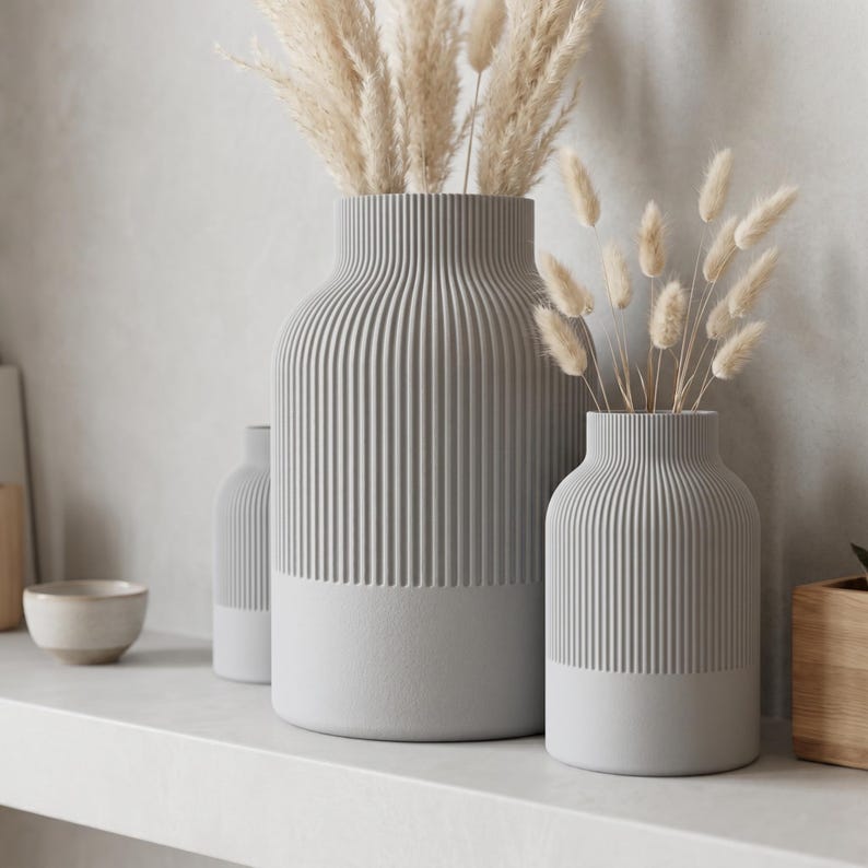 Vase côtelé 25-11 cm, impression 3D, fini mat velouté, pour fleurs séchées