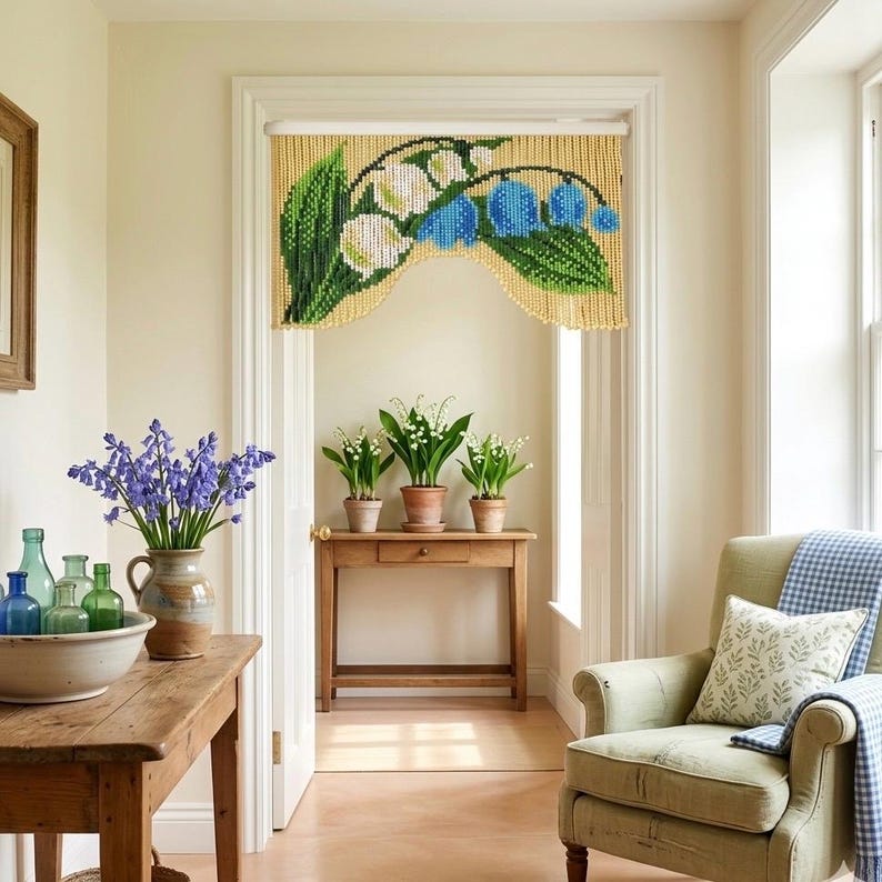Rideau de perles bleu muguet 90 cm, séparateur de porte en bois floral, décoration murale bohème rétro