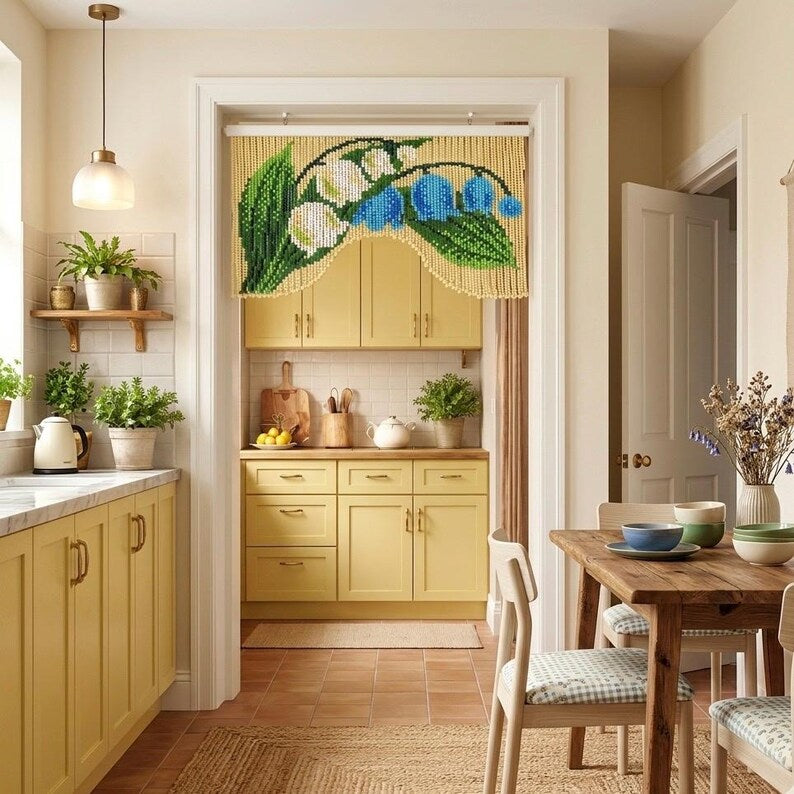 Rideau de perles bleu muguet 90 cm, séparateur de porte en bois floral, décoration murale bohème rétro