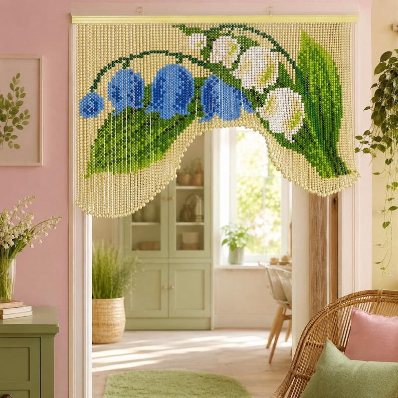 Rideau de perles bleu muguet 90 cm, séparateur de porte en bois floral, décoration murale bohème rétro
