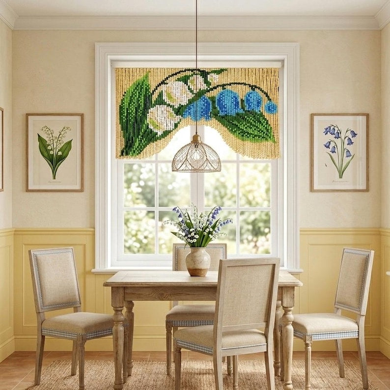 Rideau de perles bleu muguet 90 cm, séparateur de porte en bois floral, décoration murale bohème rétro