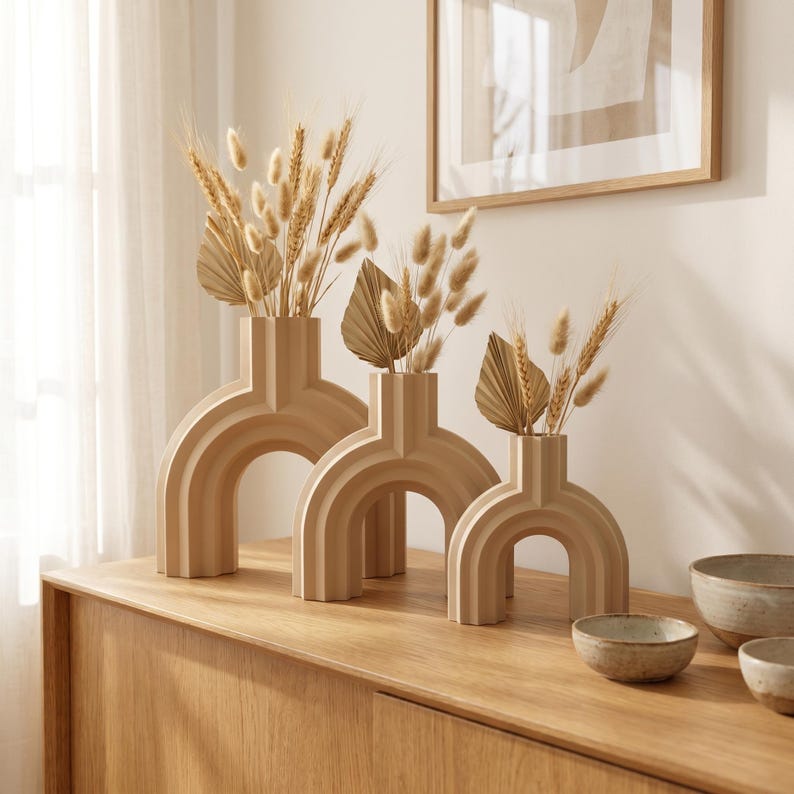 Vase arqué BRIDGE design moderne 5 tailles, fini mat, impression 3D, pour fleurs séchées et herbes de la pampa