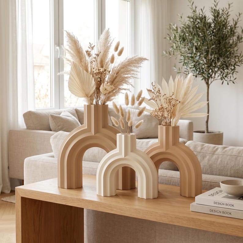 Vase arqué BRIDGE design moderne 5 tailles, fini mat, impression 3D, pour fleurs séchées et herbes de la pampa