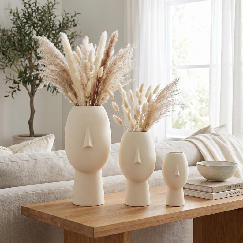 Vase visage décoratif 5 tailles | Vase sculptural imprimé 3D pour fleurs séchées