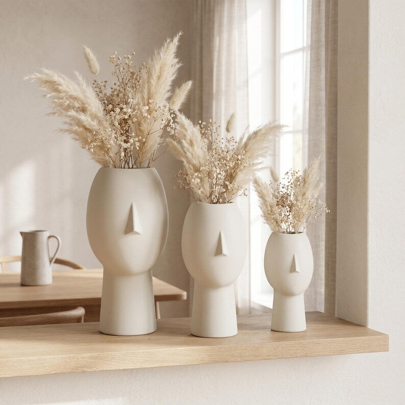 Vase visage décoratif 5 tailles | Vase sculptural imprimé 3D pour fleurs séchées