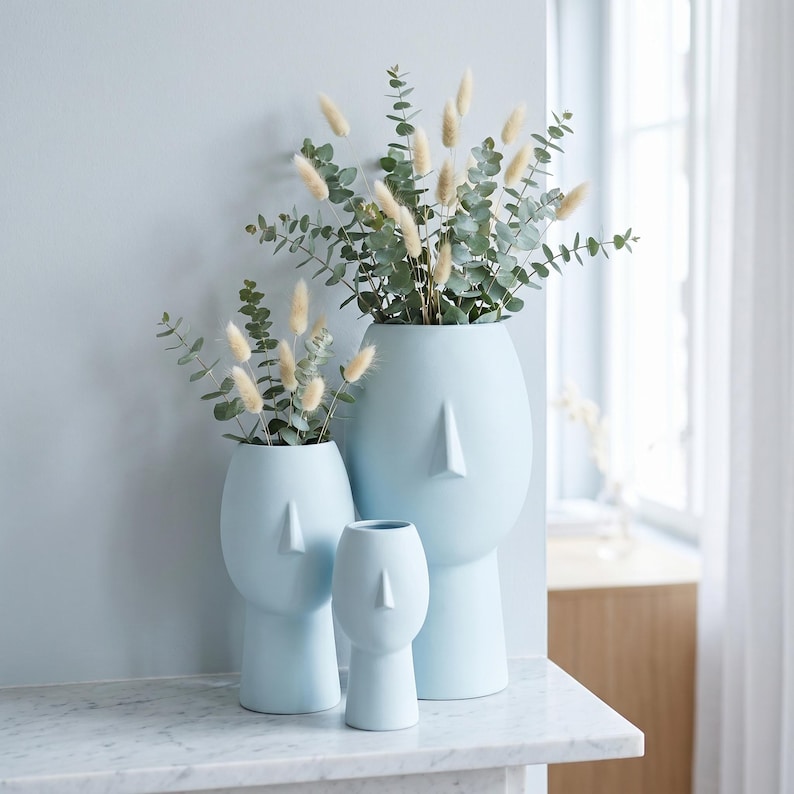 Vase visage décoratif 5 tailles | Vase sculptural imprimé 3D pour fleurs séchées