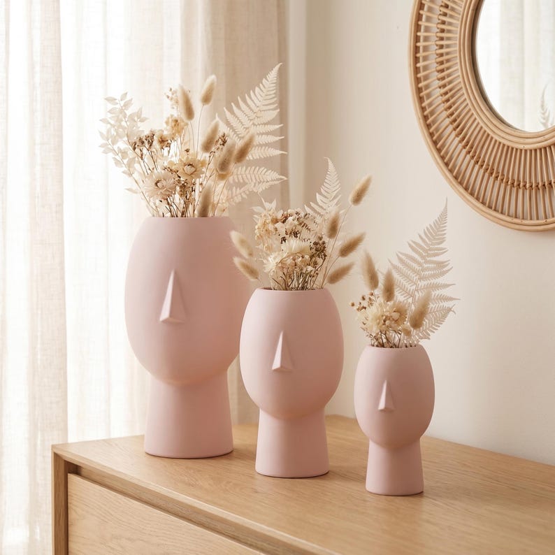 Vase visage décoratif 5 tailles | Vase sculptural imprimé 3D pour fleurs séchées